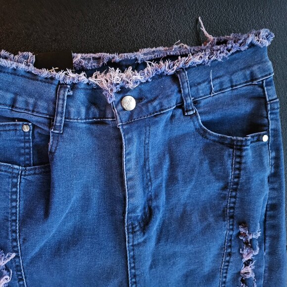 Just Q Aroma Design Women's Blue Destressed Fringe Waist Skinny Jeans Size L - Picture 11 of 16